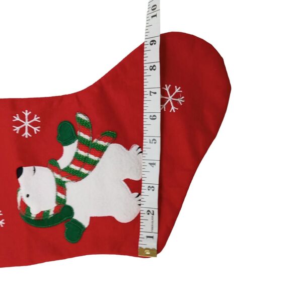 Whimsical Polar Bear Christmas Stocking Red Green White Snowflakes Holiday Decor - Picture 9 of 10